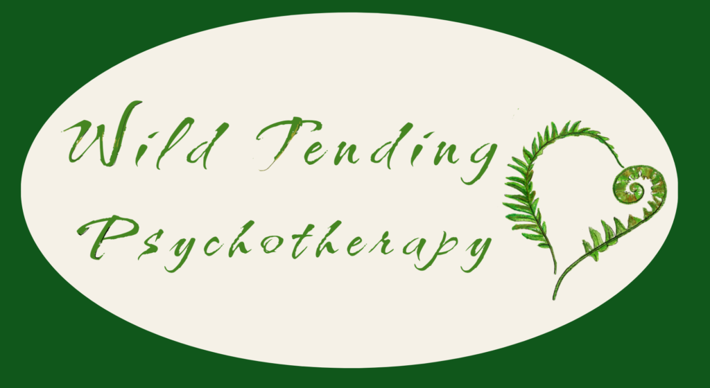 Wild Tending Psychotherapy oval  logo with fern heart